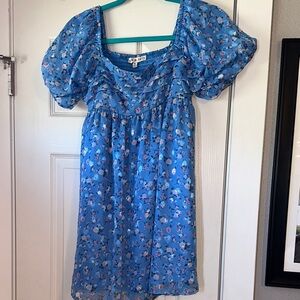 Charming Blue Floral Womens  Dress With Puffy Sleeves